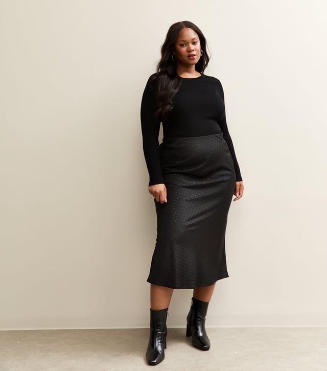 New Look Women's Plus Size Black Satin Bias Cut Spot Midi Skirt Curves New Look - 3