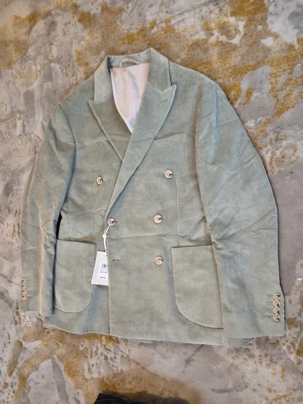 Moss Light Green Corduroy Blazer & Navy Blue Pinstripe Trousers