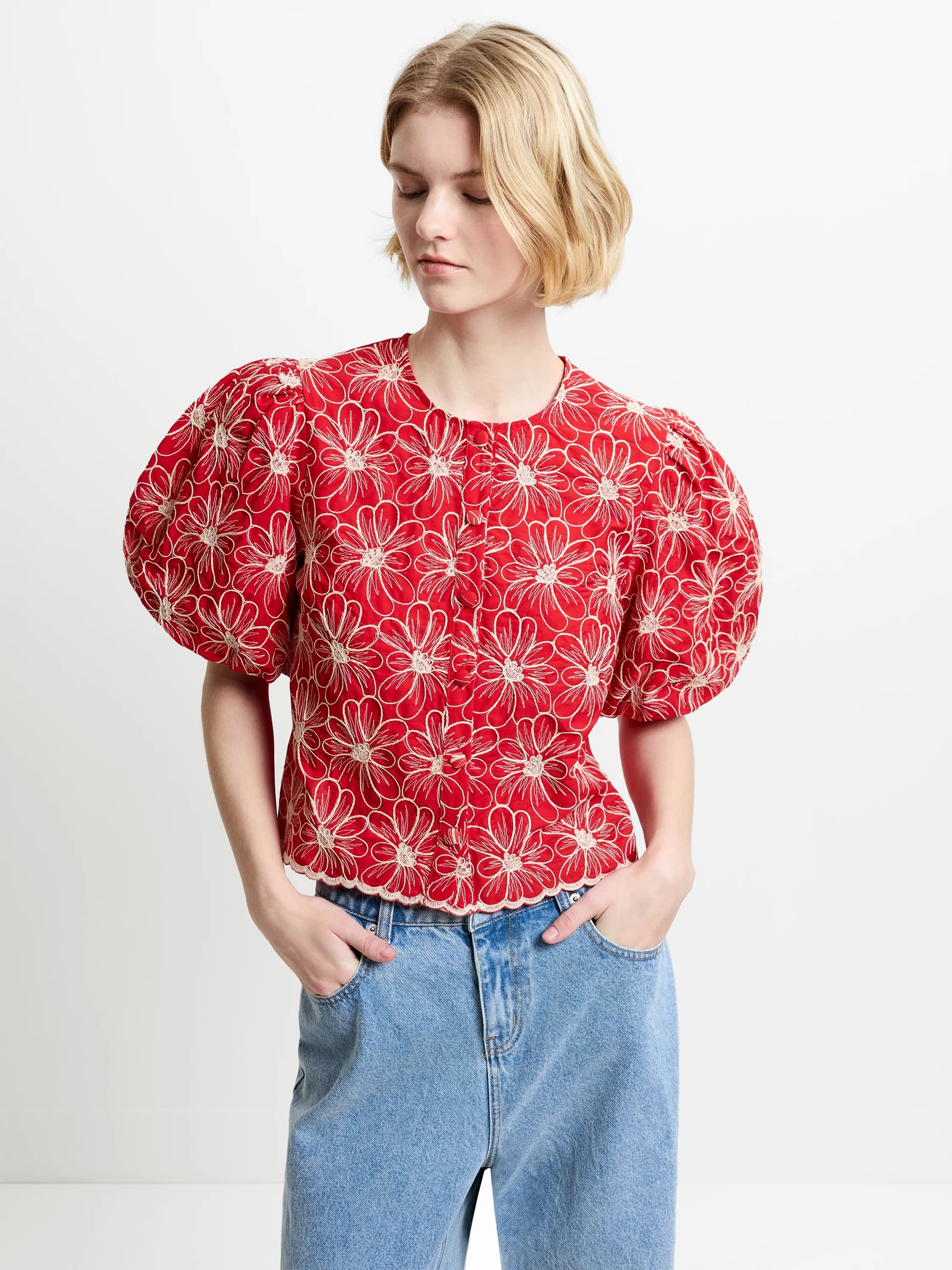 French Connection Rory Cotton Embroidered Puff Sleeve Top Watermelon Red