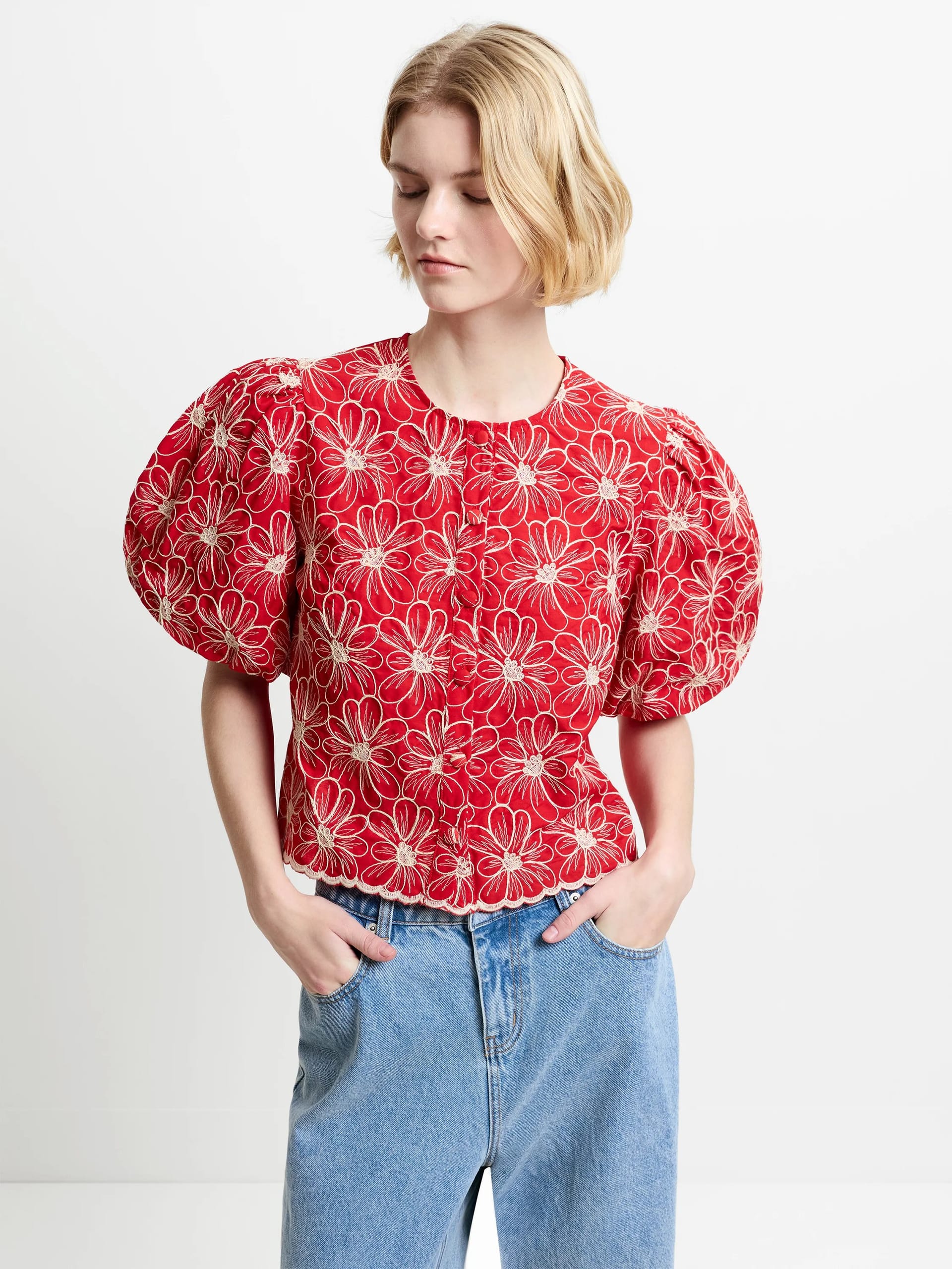 French Connection Watermelon Red Embroidered Puff Sleeve Top