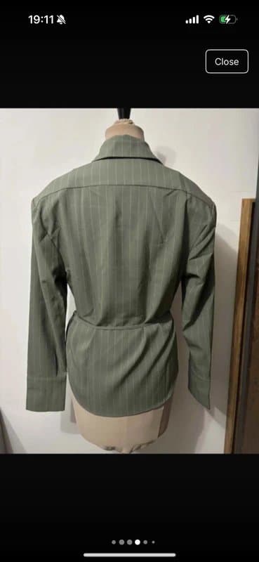 ASOS Design khaki green button up shirt top waist tie pine stripe office smart size 10