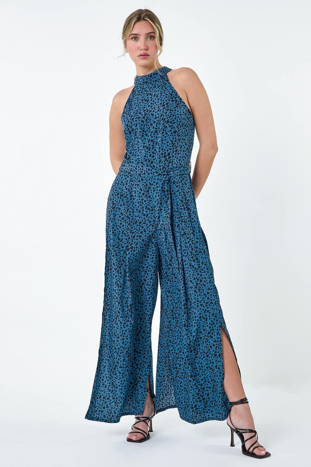 Dusk Dusk Women's Spot Halter Neck Side Split Jumpsuit in Royal - 2