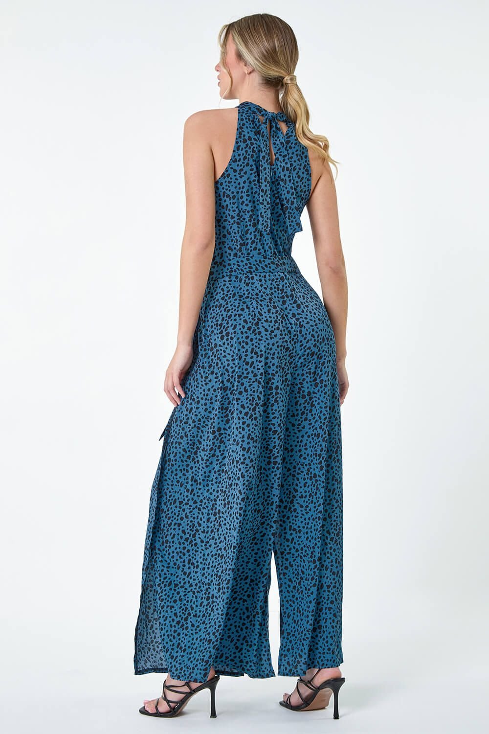 Dusk Dusk Women's Spot Halter Neck Side Split Jumpsuit in Royal - 3