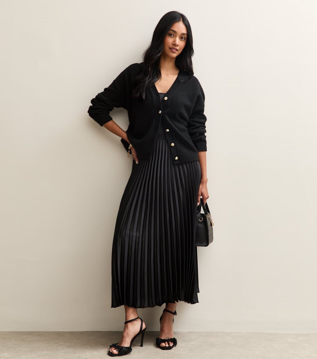 New Look Women's Black Satin Pleated Midi Skirt New Look