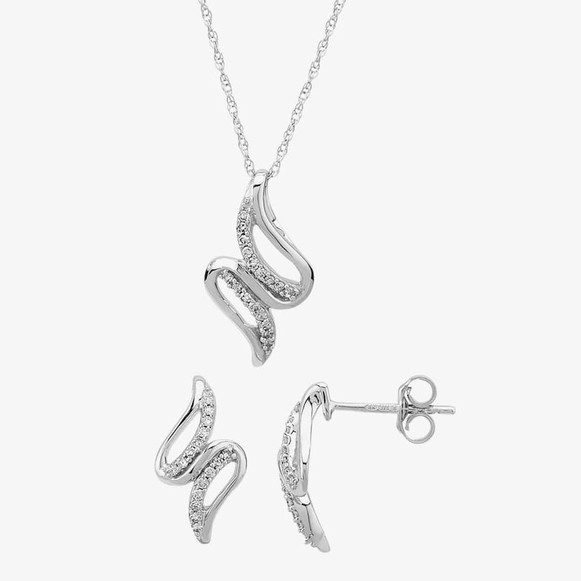 T.H.Baker T.H.Baker Women's 9ct White Gold 0.12ct Diamond Swirl Jewellery Set TH0121714 in Silver - 1