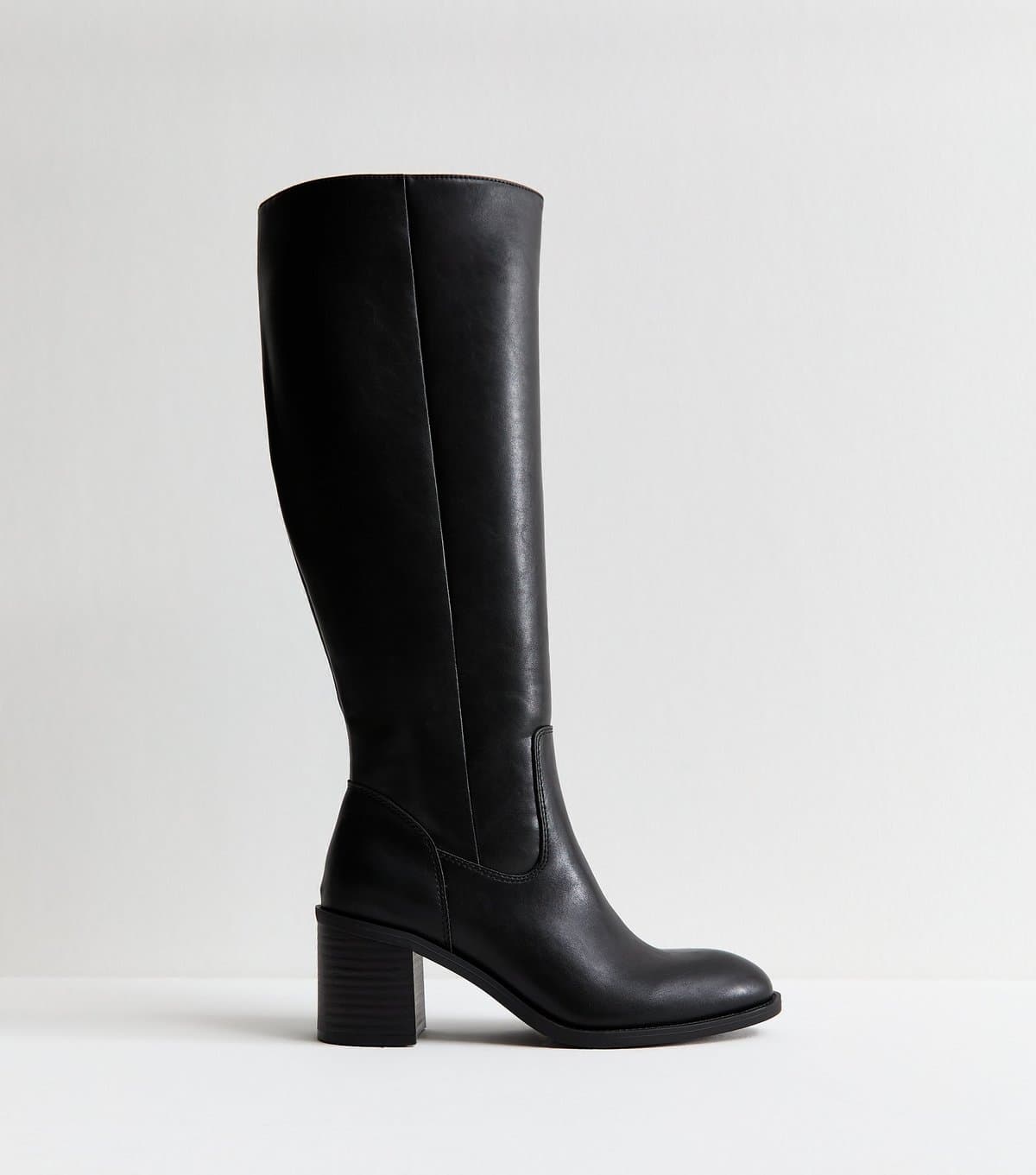New Look Women's Black Faux Leather Block Heel Boots Vegan New Look
