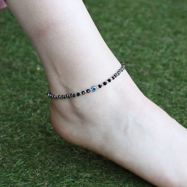 The Colourful Aura The Colourful Aura Women's 925 Silver Black Beaded Evil Eye Nazar Payal Anklet - 2