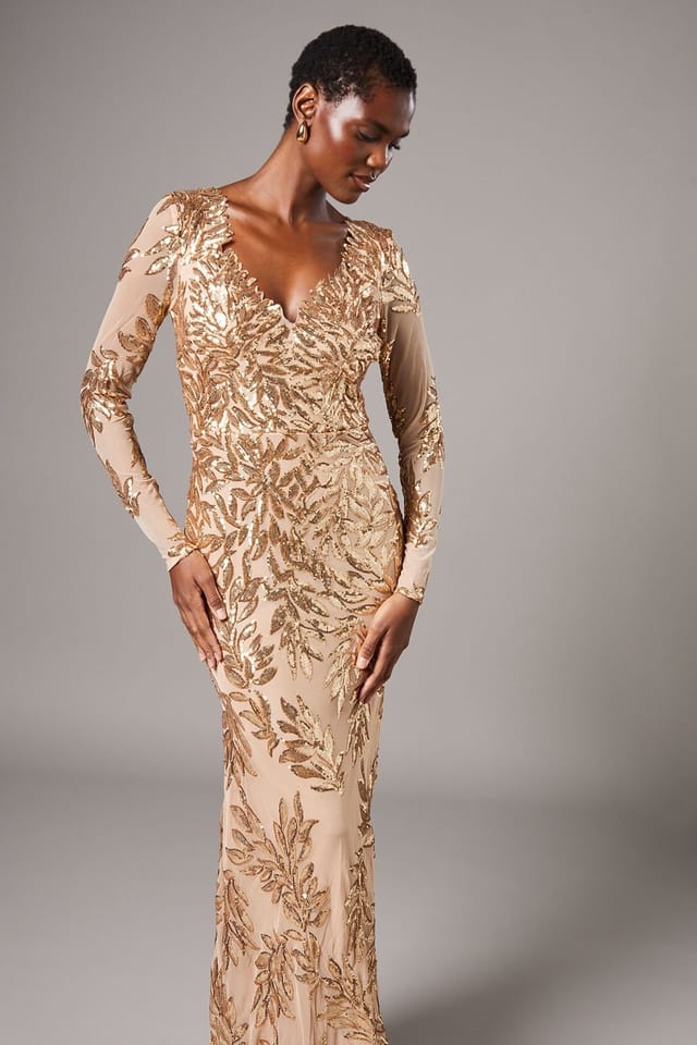 Coast Coast Women's Long Sleeve Floral Sequin Maxi Dress in Gold - 2