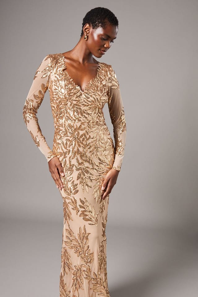 Coast Coast Women's Long Sleeve Floral Sequin Maxi Dress in Gold - 3
