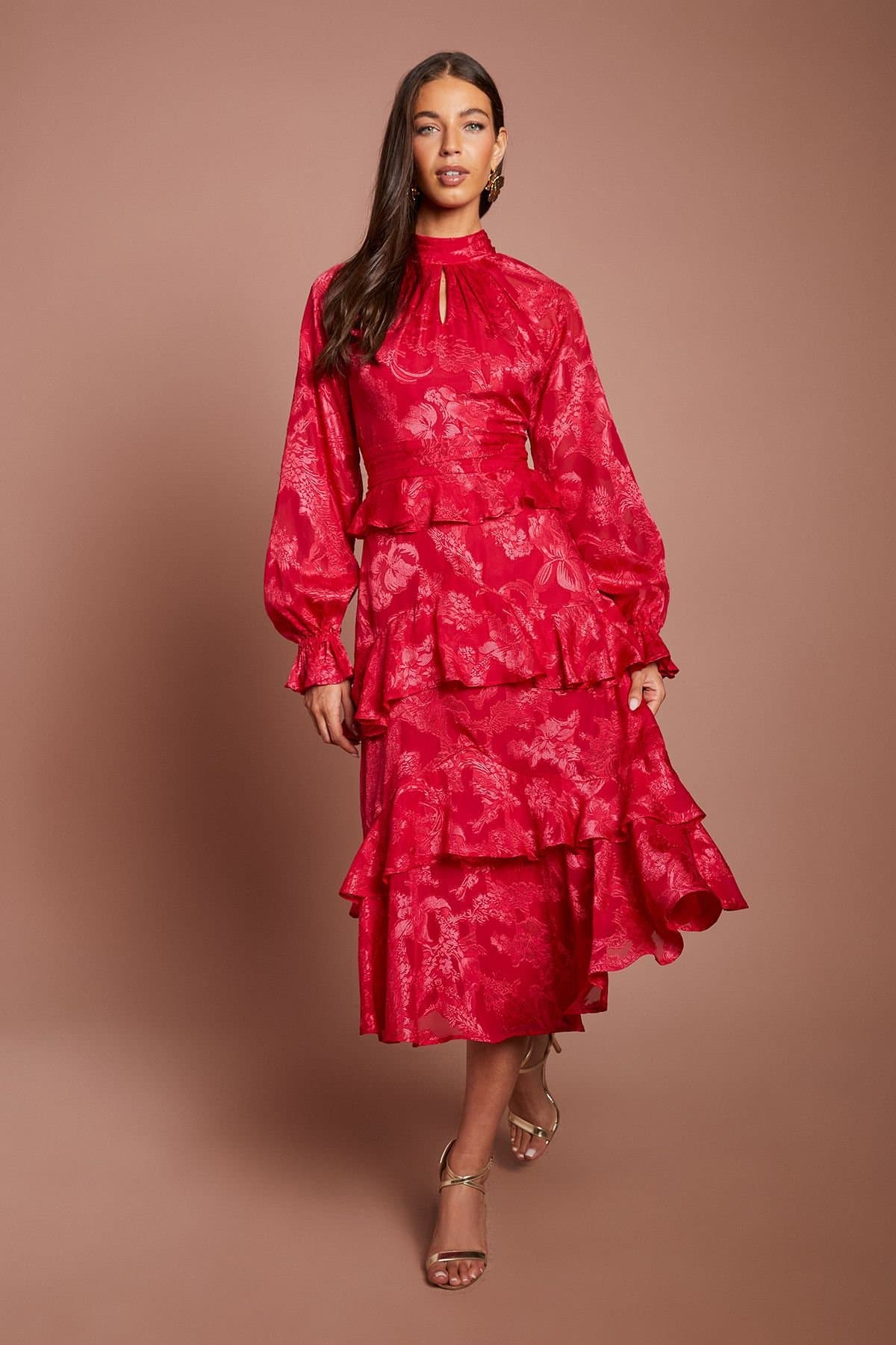 Coast Coast Women's Satin Jacquard Long Sleeve Peplum Tiered Midi Dress in Red