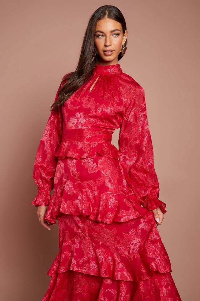 Coast Coast Women's Satin Jacquard Long Sleeve Peplum Tiered Midi Dress in Red - 2