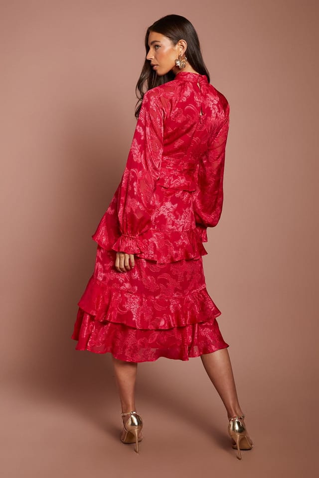 Coast Coast Women's Satin Jacquard Long Sleeve Peplum Tiered Midi Dress in Red - 3