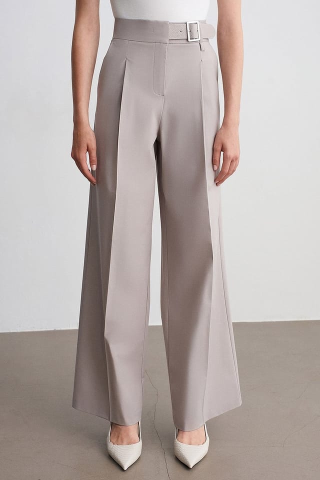 Dilvin Dilvin Women's Belted Wide-Leg Woven Trousers in Stone - 3