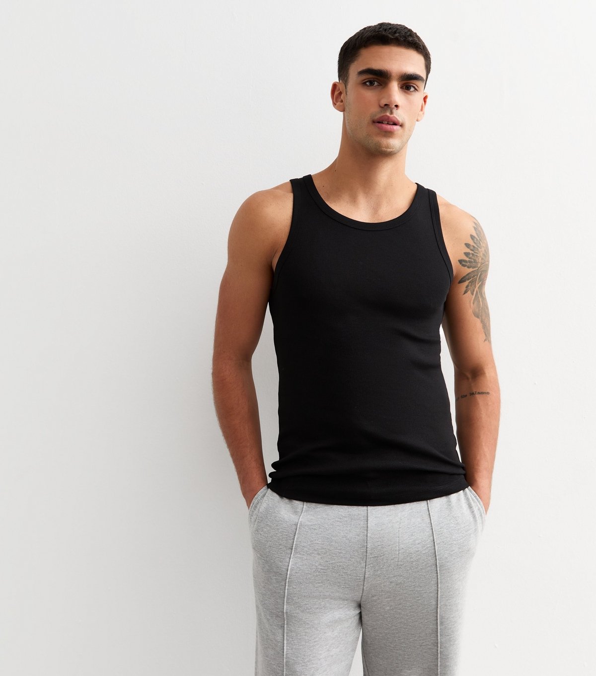 New Look Men's 2 Pack Black Slim Ribbed Cotton Vest Tops New Look - 2