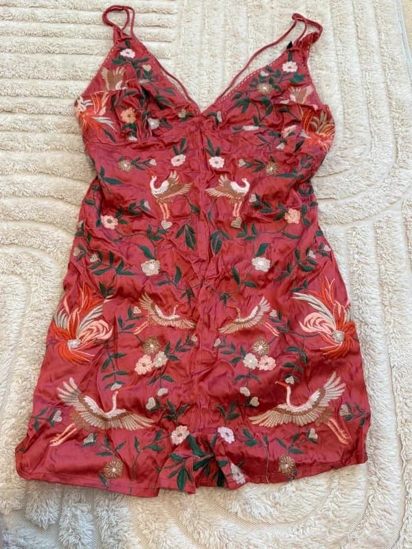 Bershka Bershka Embroidered Satin Playsuit Pink Floral Crane Strappy Festival Boho Size S