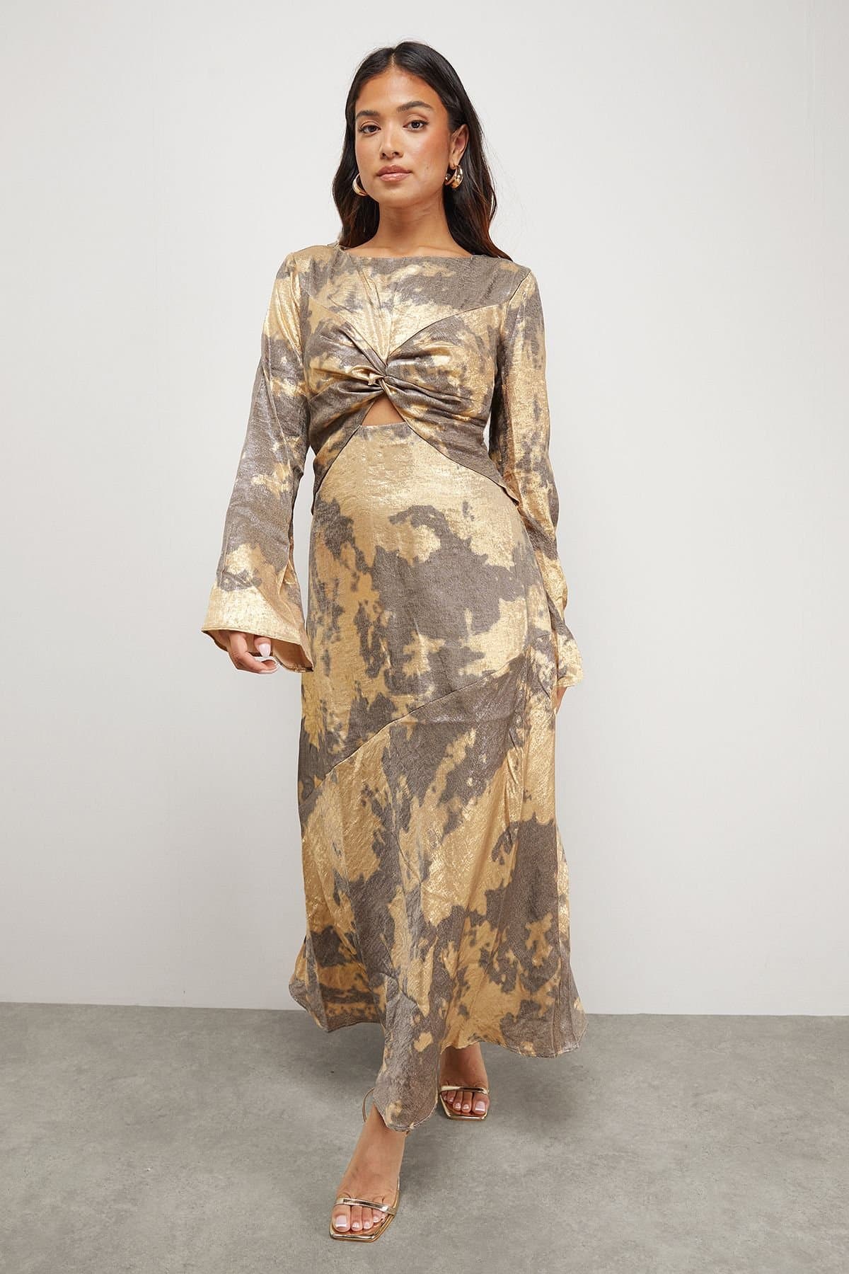 Warehouse Warehouse Women's Petite Metallic Marble Twist Front Bias Midi Dress in Taupe