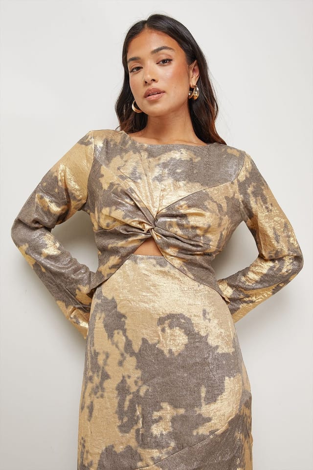 Warehouse Warehouse Women's Petite Metallic Marble Twist Front Bias Midi Dress in Taupe - 2