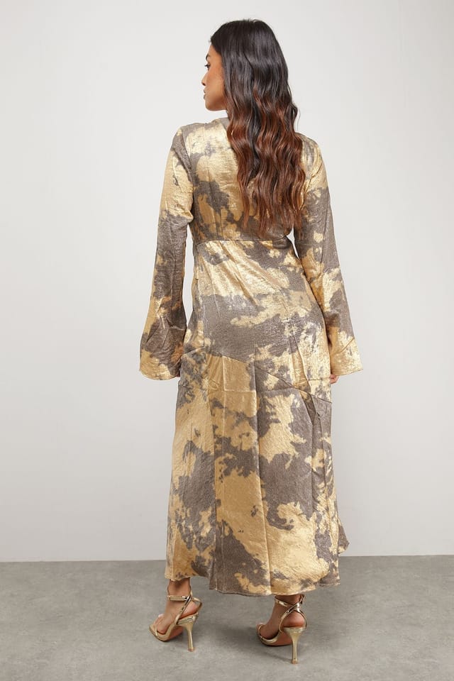 Warehouse Warehouse Women's Petite Metallic Marble Twist Front Bias Midi Dress in Taupe - 3
