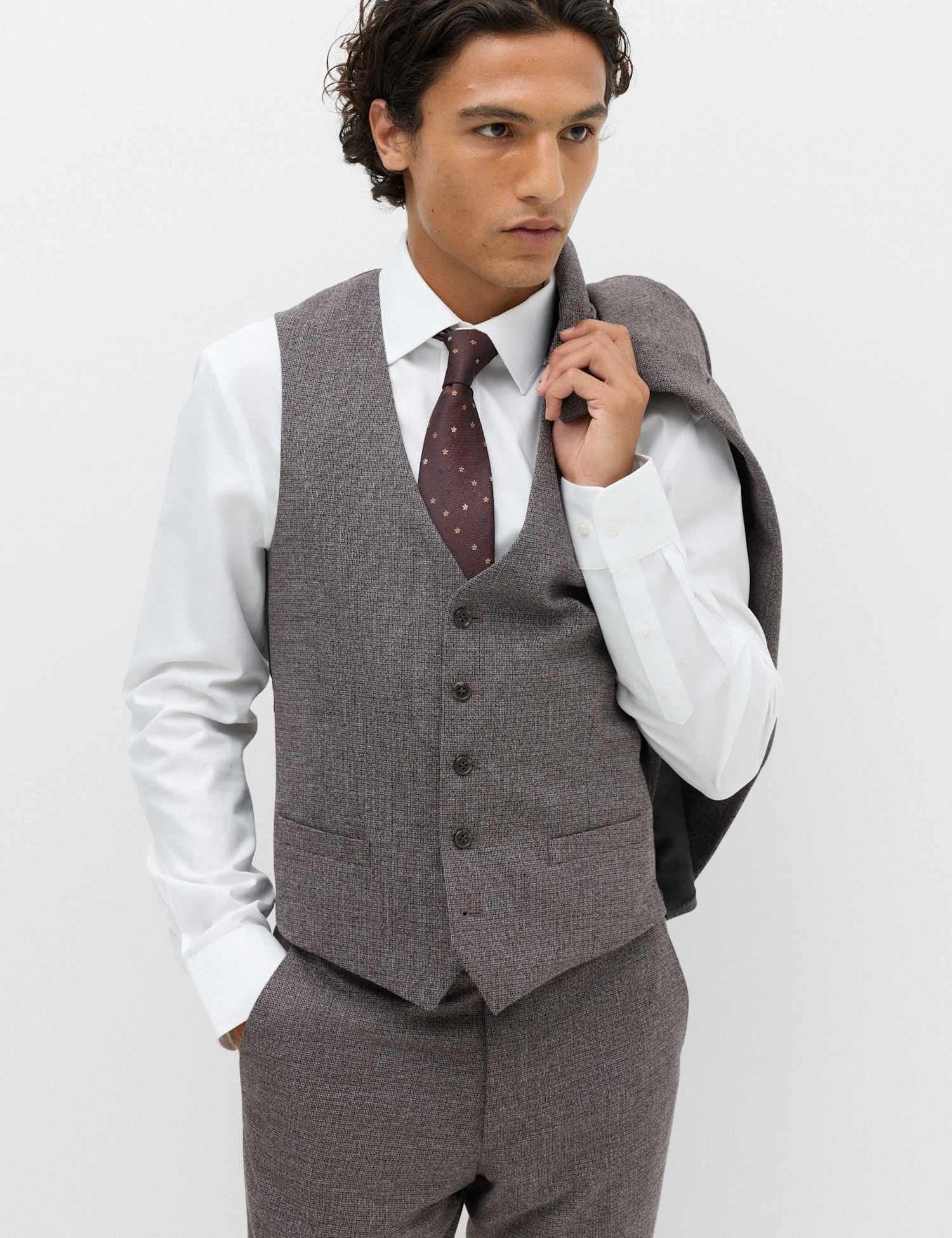 Marks & Spencer M&S Micro Check Suit Waistcoat Bordeaux