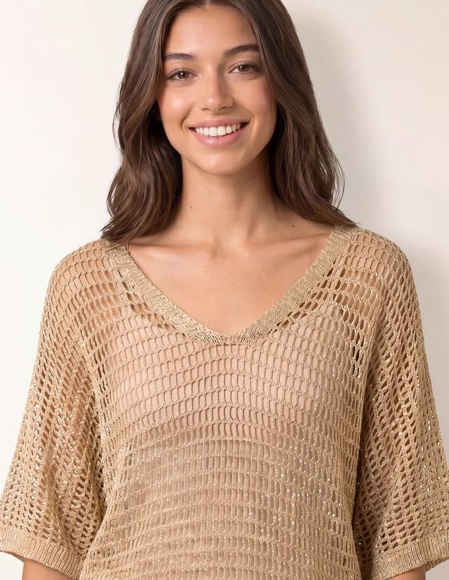 Blue Vanilla Metallic Crochet V Neck Top - 3