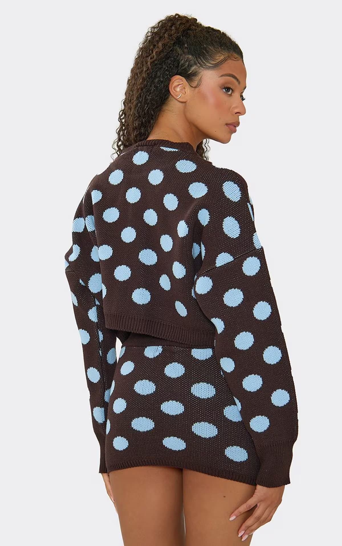 EGO Long Sleeve Cropped Jumper In Brown And Blue Polka Dot Knit, Women's Size UK S