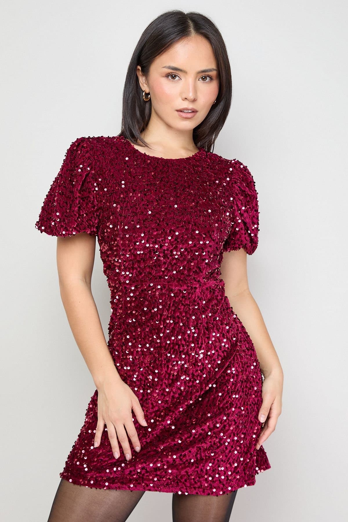 Oasis Oasis Women's Petite Occasion Puff Sleeve Sequin Mini Dress in Red