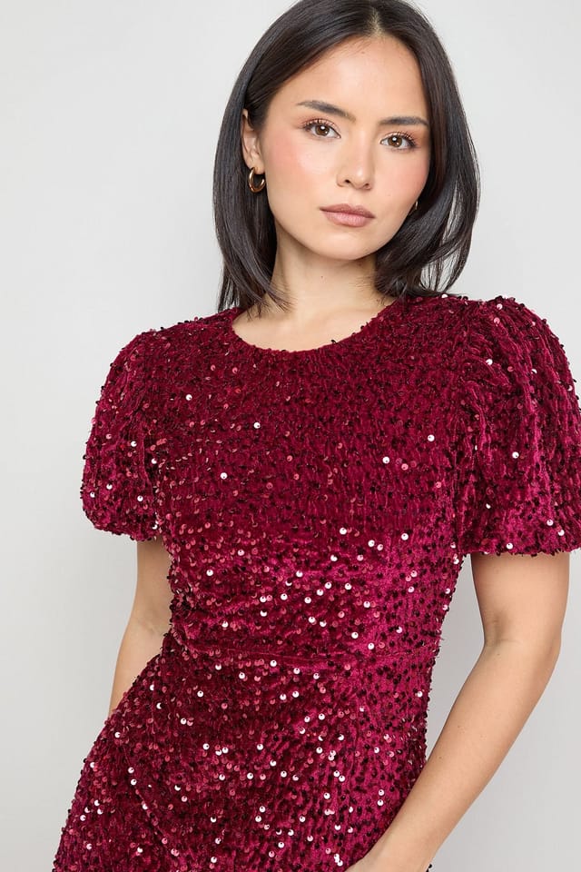 Oasis Oasis Women's Petite Occasion Puff Sleeve Sequin Mini Dress in Red - 2