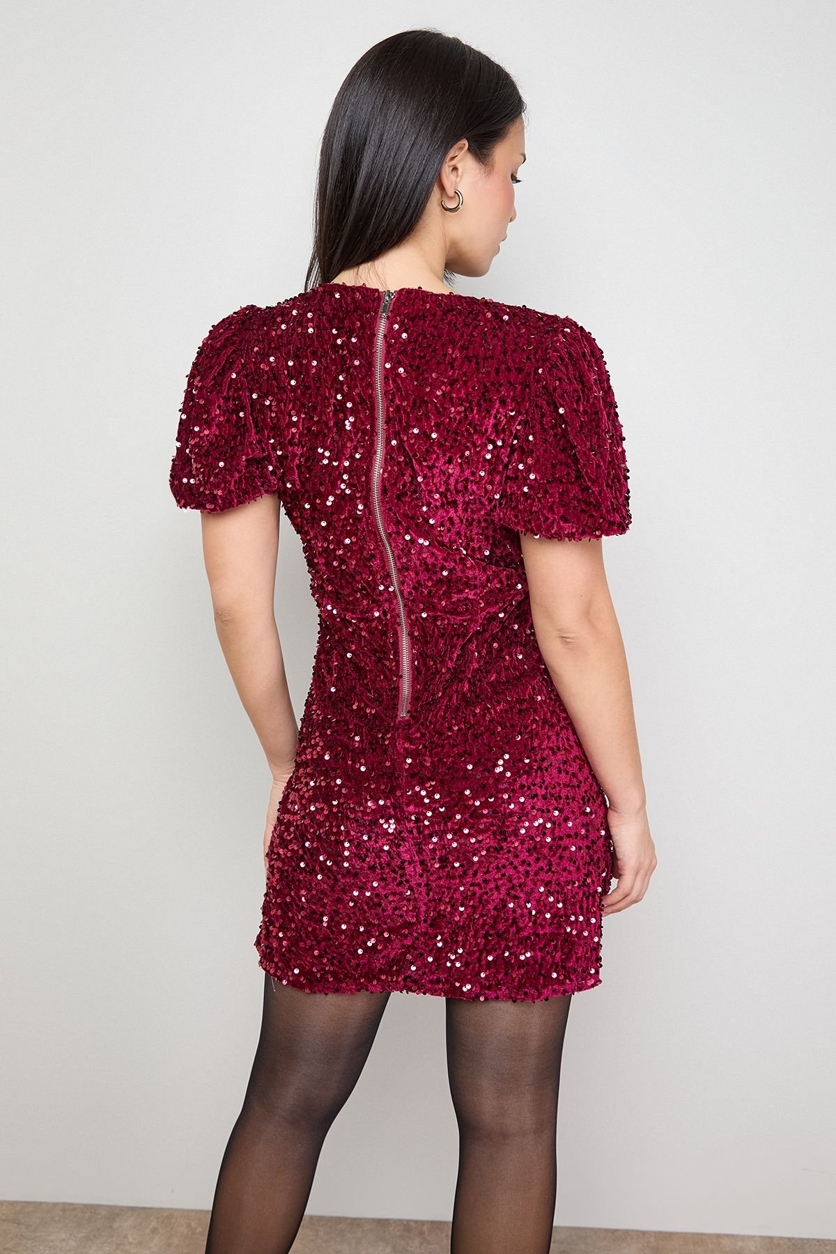 Oasis Oasis Women's Petite Occasion Puff Sleeve Sequin Mini Dress in Red - 3