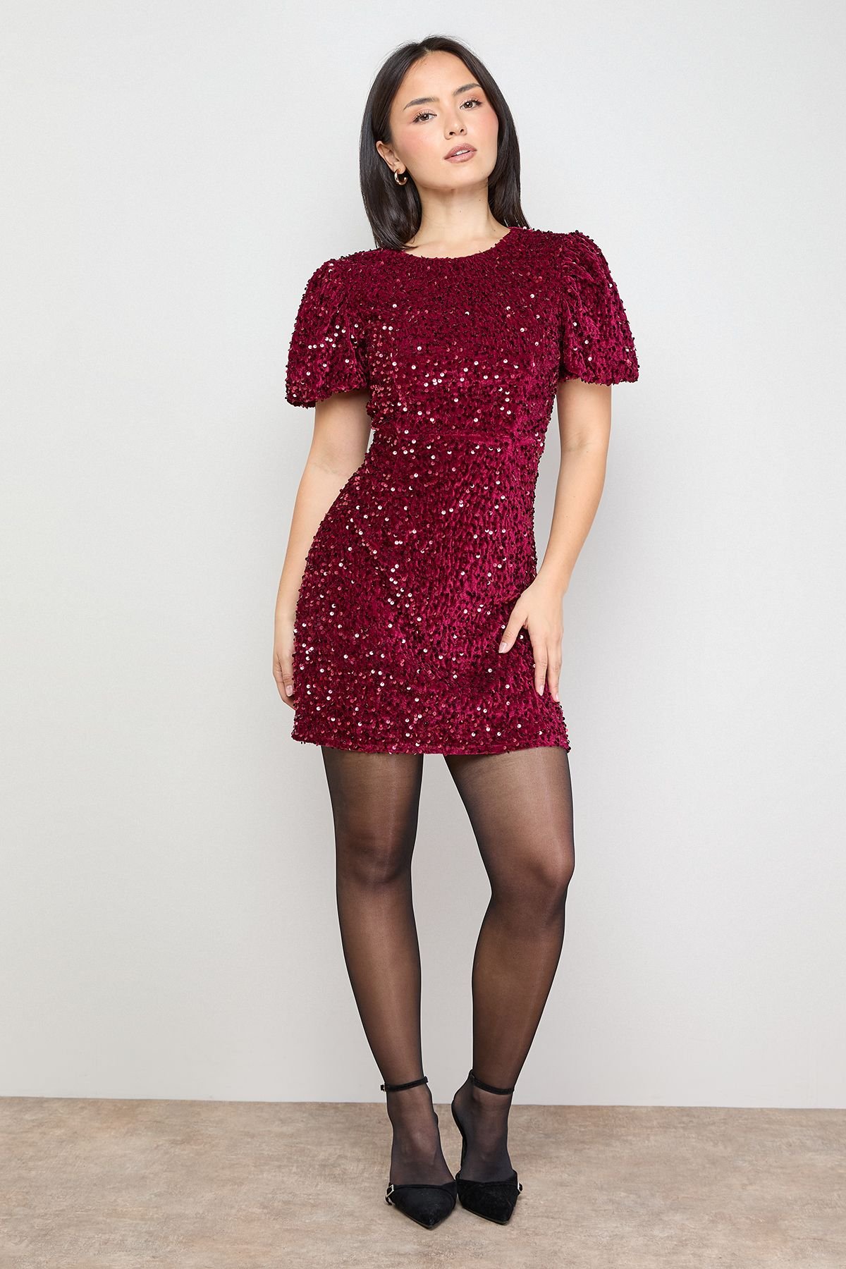 Oasis Oasis Women's Petite Occasion Puff Sleeve Sequin Mini Dress in Red - 4