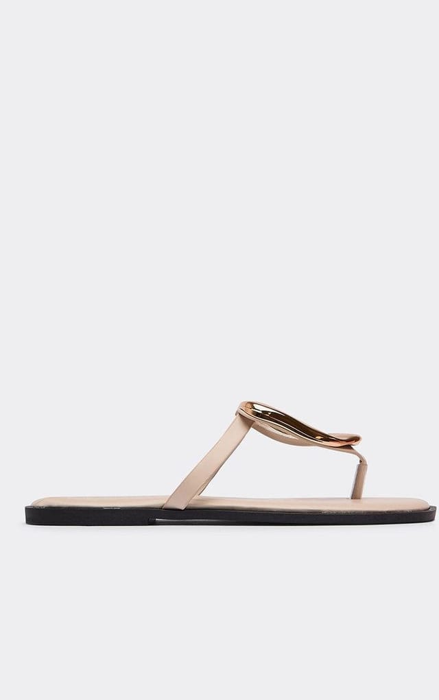 EGO Dreamer Ring Detail Thong Strap Flat Slider Sandal In Beige Faux Leather, Women's Size UK 3 - 2