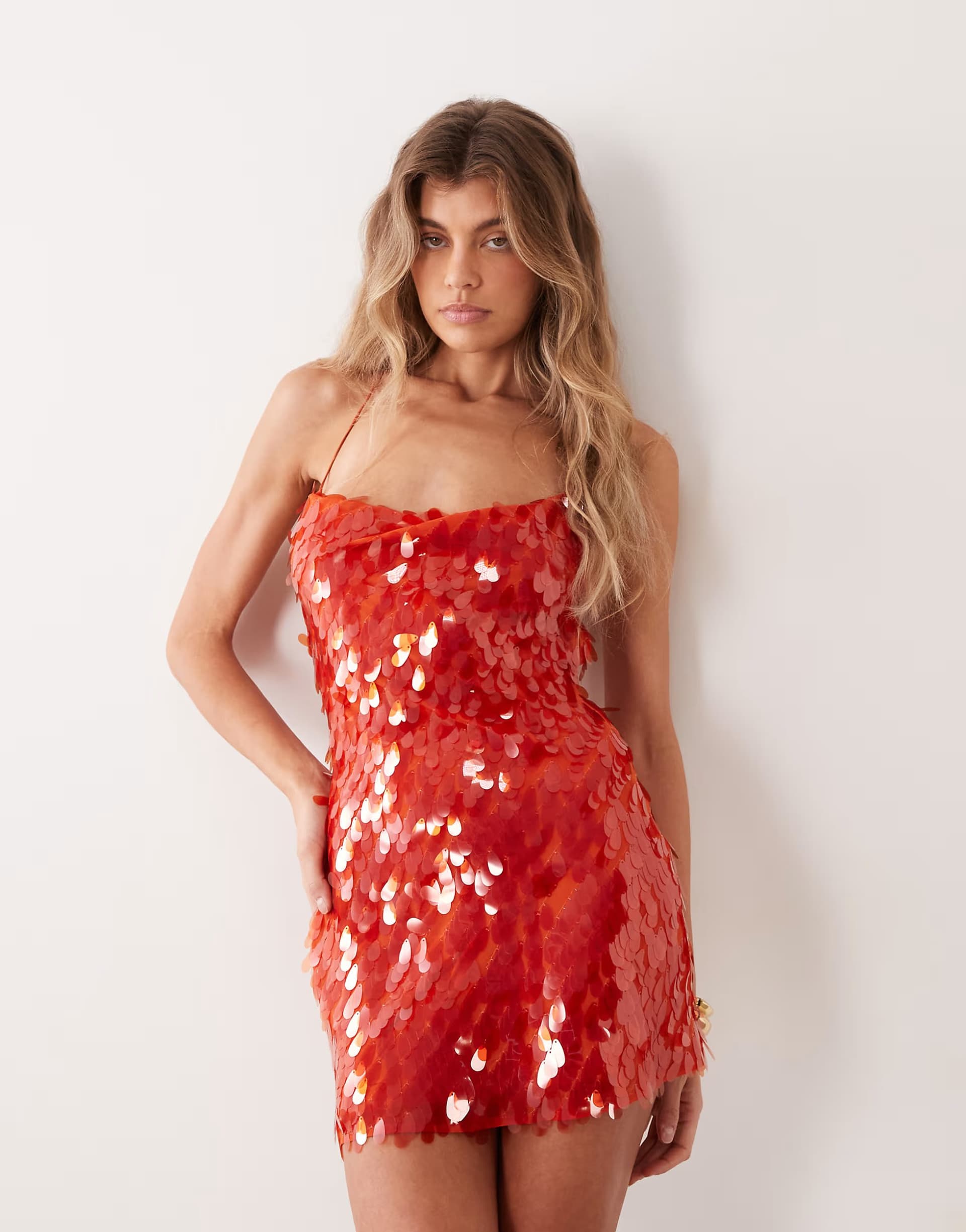 ASOS TFNC disc sequin cami open tie back mini dress in red