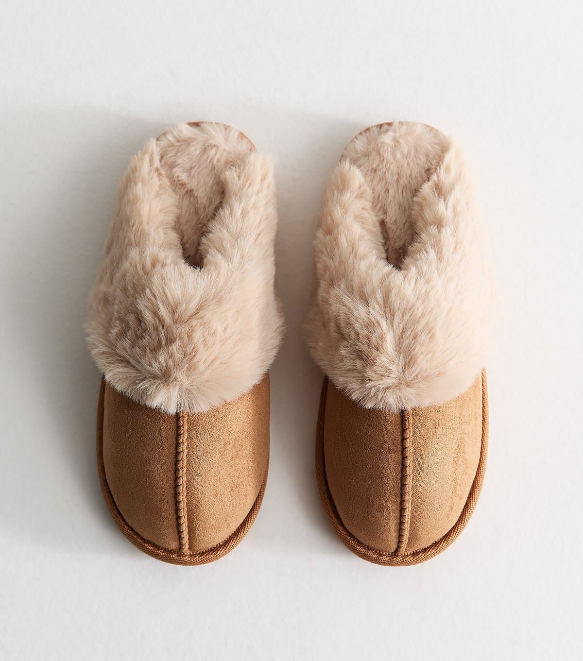 New Look Women's Tan Faux Suede and Faux Fur Backless Mule Slippers Vegan New Look