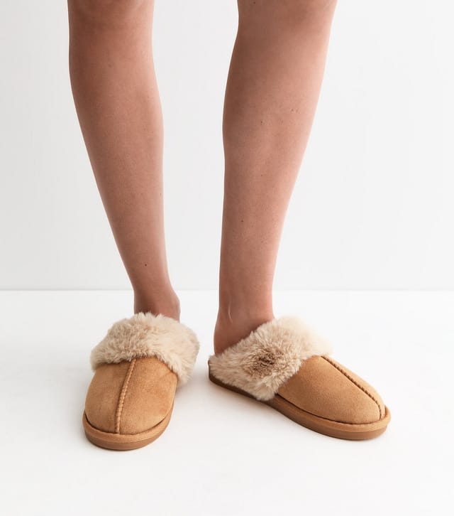 New Look Women's Tan Faux Suede and Faux Fur Backless Mule Slippers Vegan New Look - 2