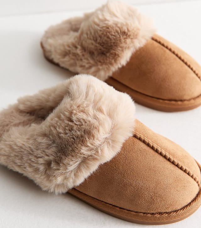 New Look Women's Tan Faux Suede and Faux Fur Backless Mule Slippers Vegan New Look - 3