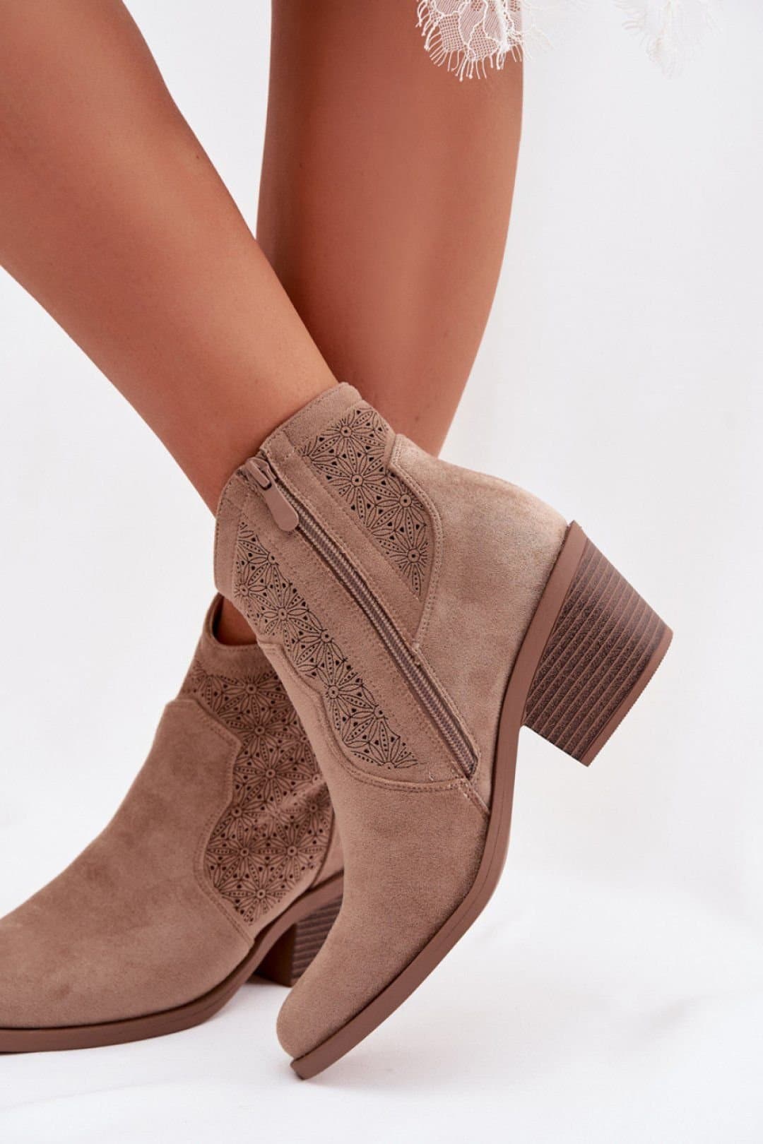 Love Lace Love Lace Women's SBarski Western Ankle Boots Almond Toe Openwork Suede Heel in Beige
