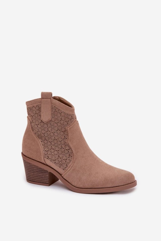 Love Lace Love Lace Women's SBarski Western Ankle Boots Almond Toe Openwork Suede Heel in Beige - 2