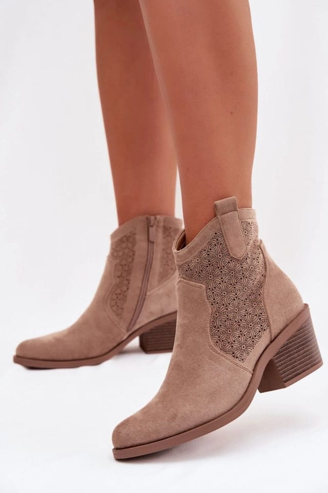 Love Lace Love Lace Women's SBarski Western Ankle Boots Almond Toe Openwork Suede Heel in Beige - 3