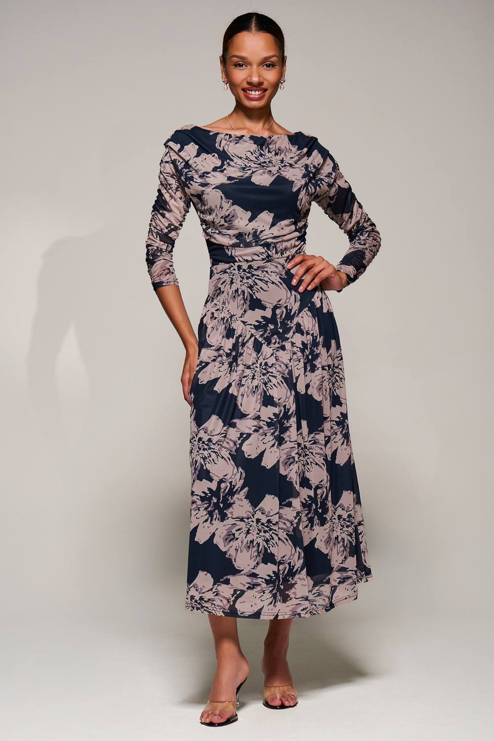 Jolie Moi Jolie Moi Women's Long Sleeve Asymmetric Mesh Midi Dress in Black - 3