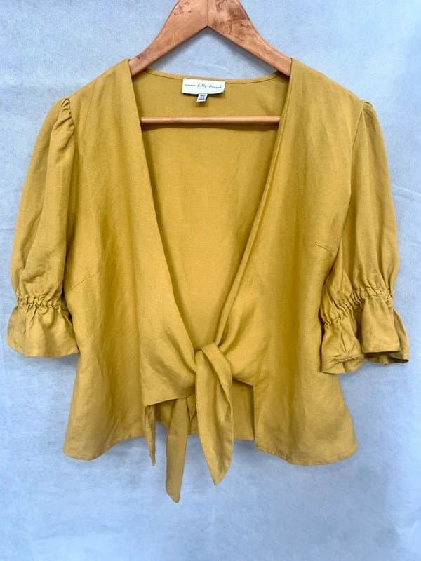Never Fully Dressed Never Fully Dressed Mustard Yellow Linen Viscose Tie Front Bolero Shrug Jacket Size UK ch 12