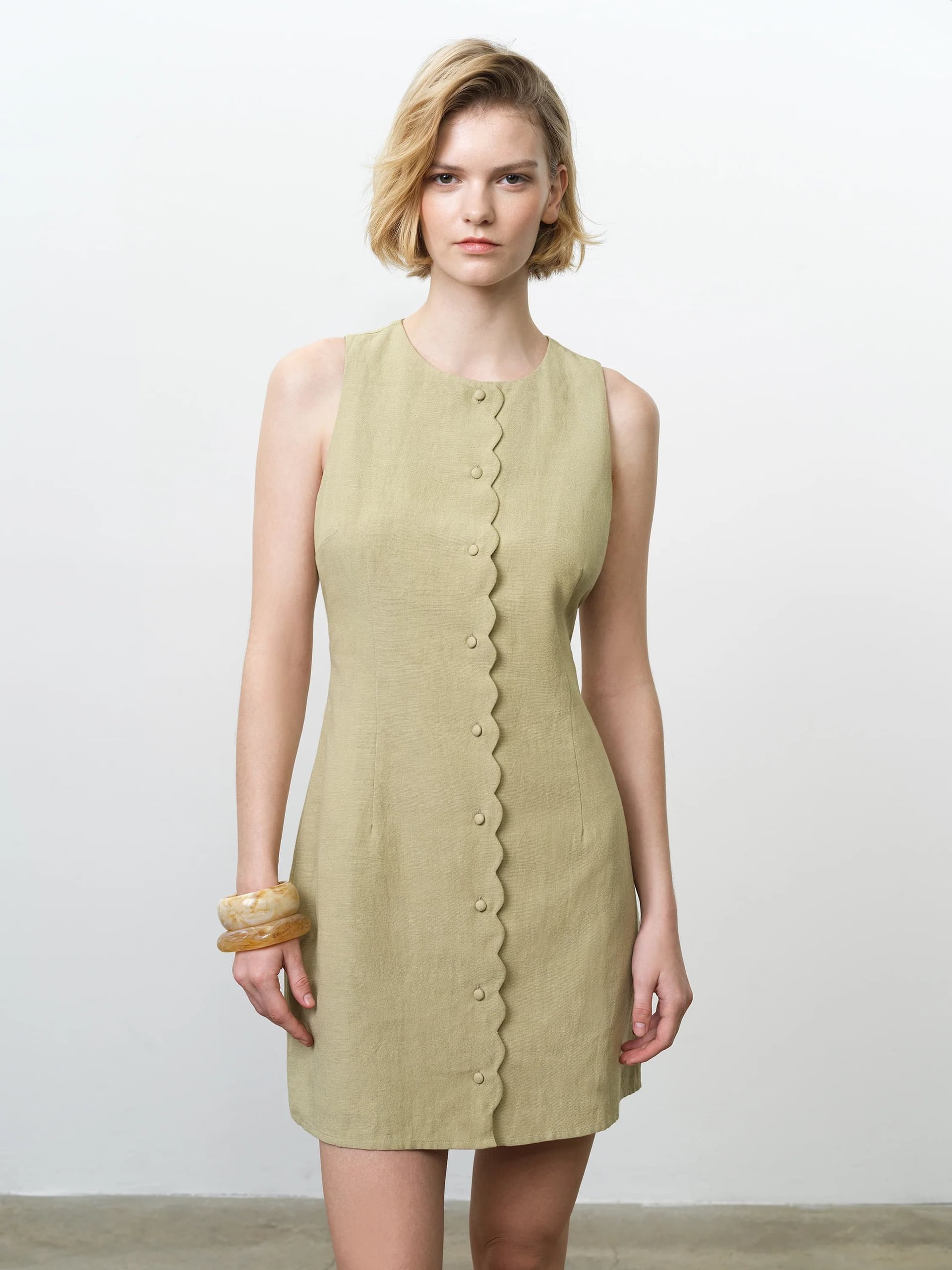 French Connection Linen Button-Through Scallop Green Mini Dress Summer Sage Green
