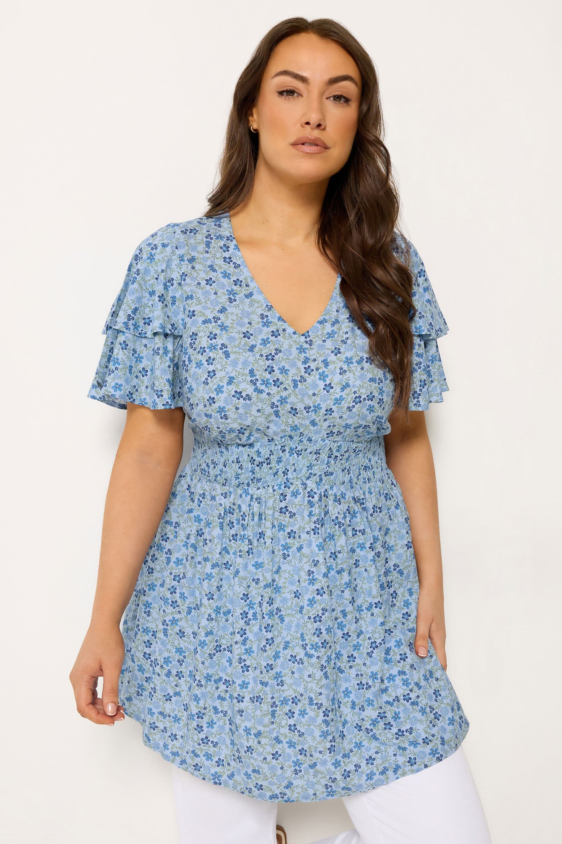 Yours Plus Size Blue Ditsy Floral Flutter Sleeve Top