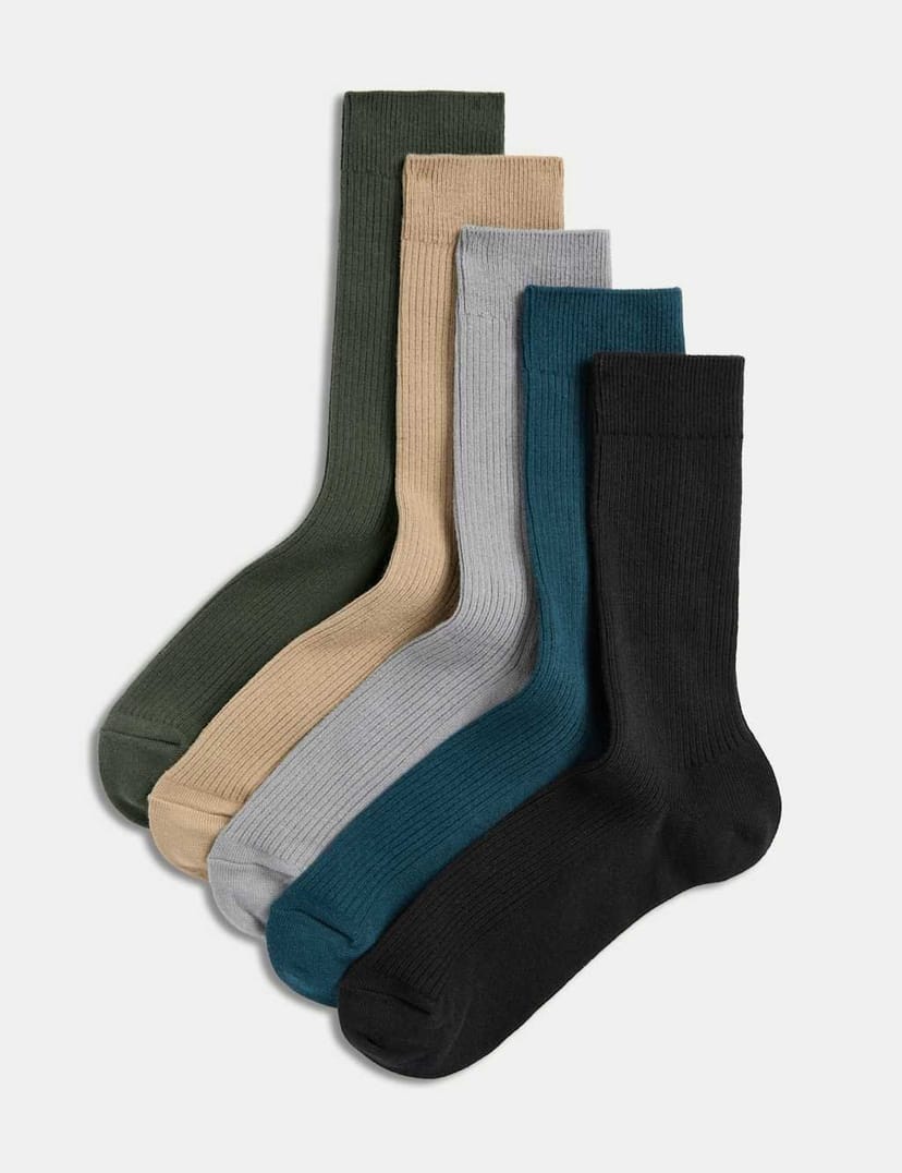 Marks & Spencer M&S 5 Pack Cotton Rich Ribbed Socks Dark Blue Mix - 1
