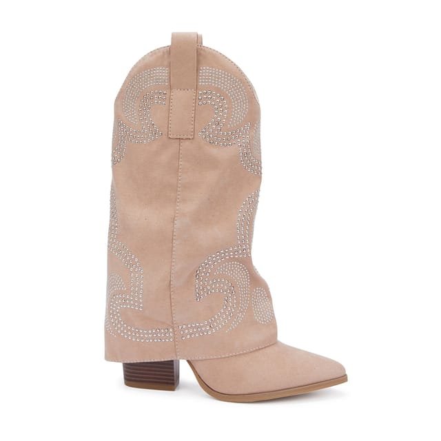 Truffle Collection Truffle Collection Women's Slip On Calf Boots Microfibre Pointed Toe Block Heel Shoes in Beige - 3