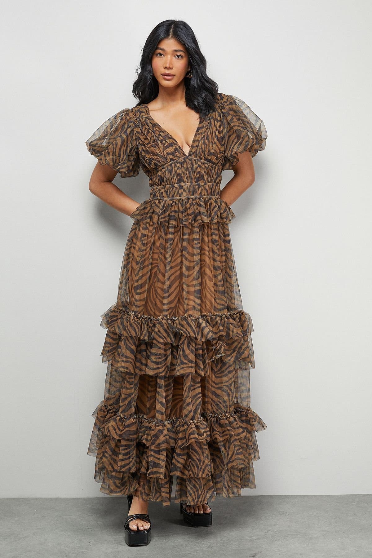 Warehouse Warehouse Women's Zebra Print Tulle Ruffle Maxi Dress in Animal