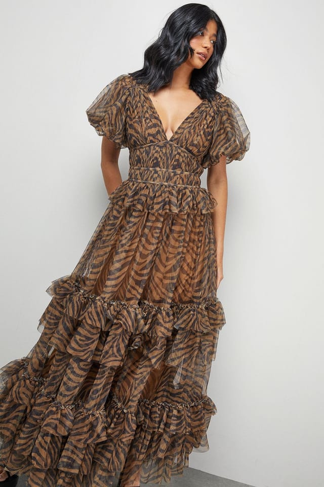 Warehouse Warehouse Women's Zebra Print Tulle Ruffle Maxi Dress in Animal - 2