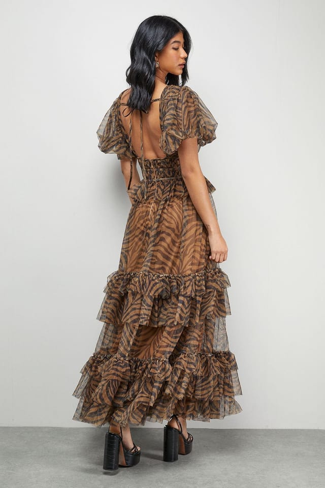 Warehouse Warehouse Women's Zebra Print Tulle Ruffle Maxi Dress in Animal - 3