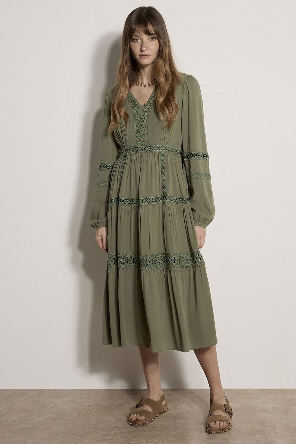 Apricot Apricot Women's Lace Trim Tiered Midi Dress in Khaki