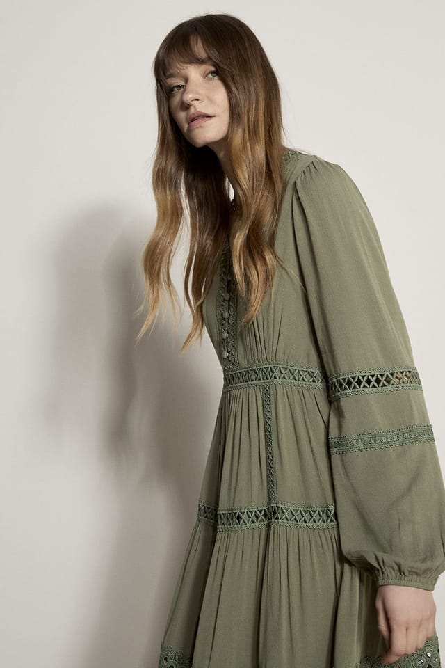 Apricot Apricot Women's Lace Trim Tiered Midi Dress in Khaki - 2