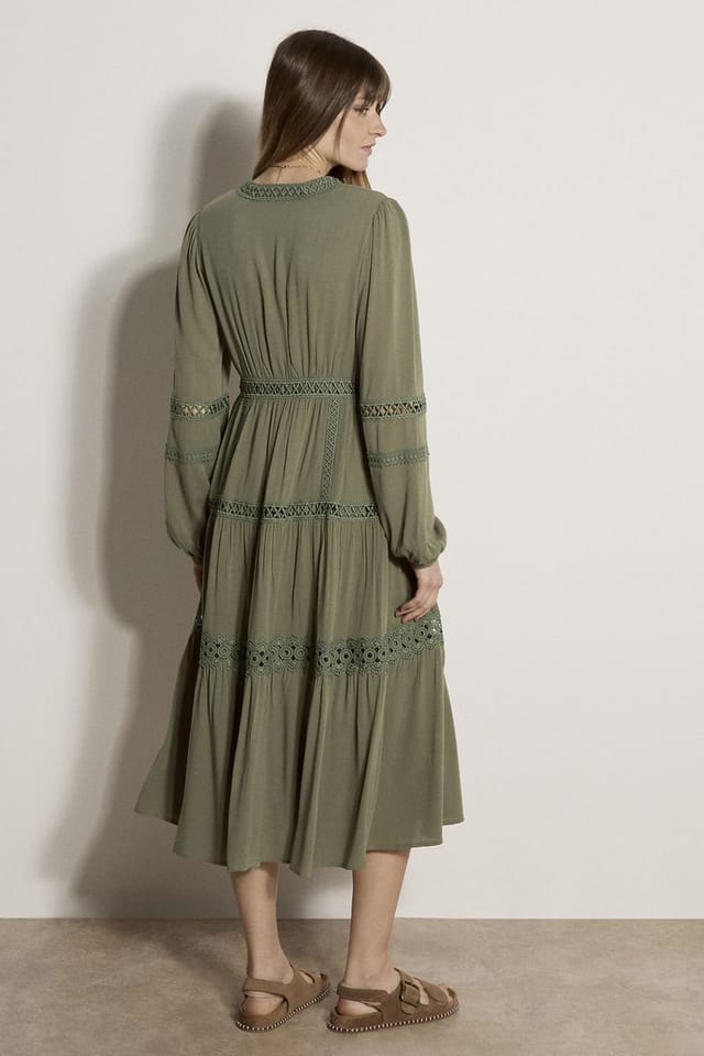 Apricot Apricot Women's Lace Trim Tiered Midi Dress in Khaki - 3