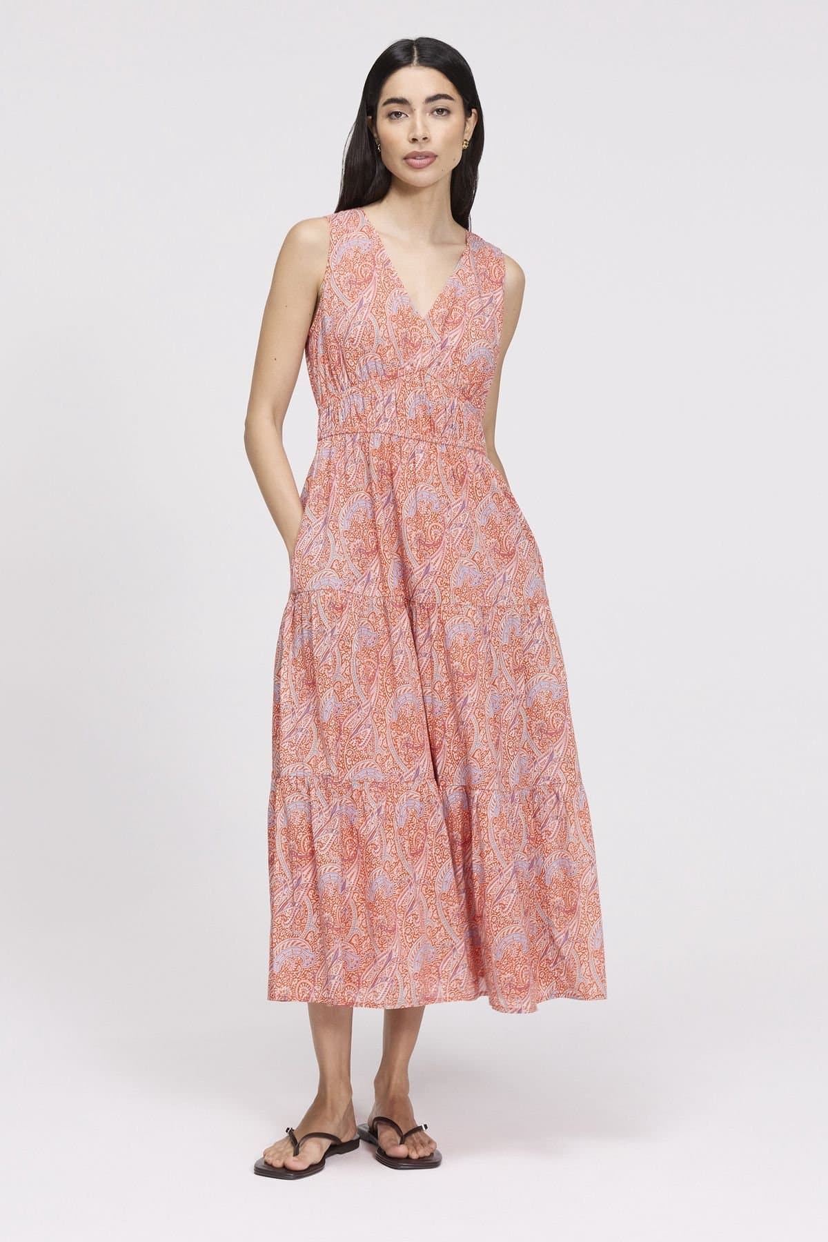 Finery London Finery London Women's Petite Shannon Cotton Tiered Midi Dress in Coral